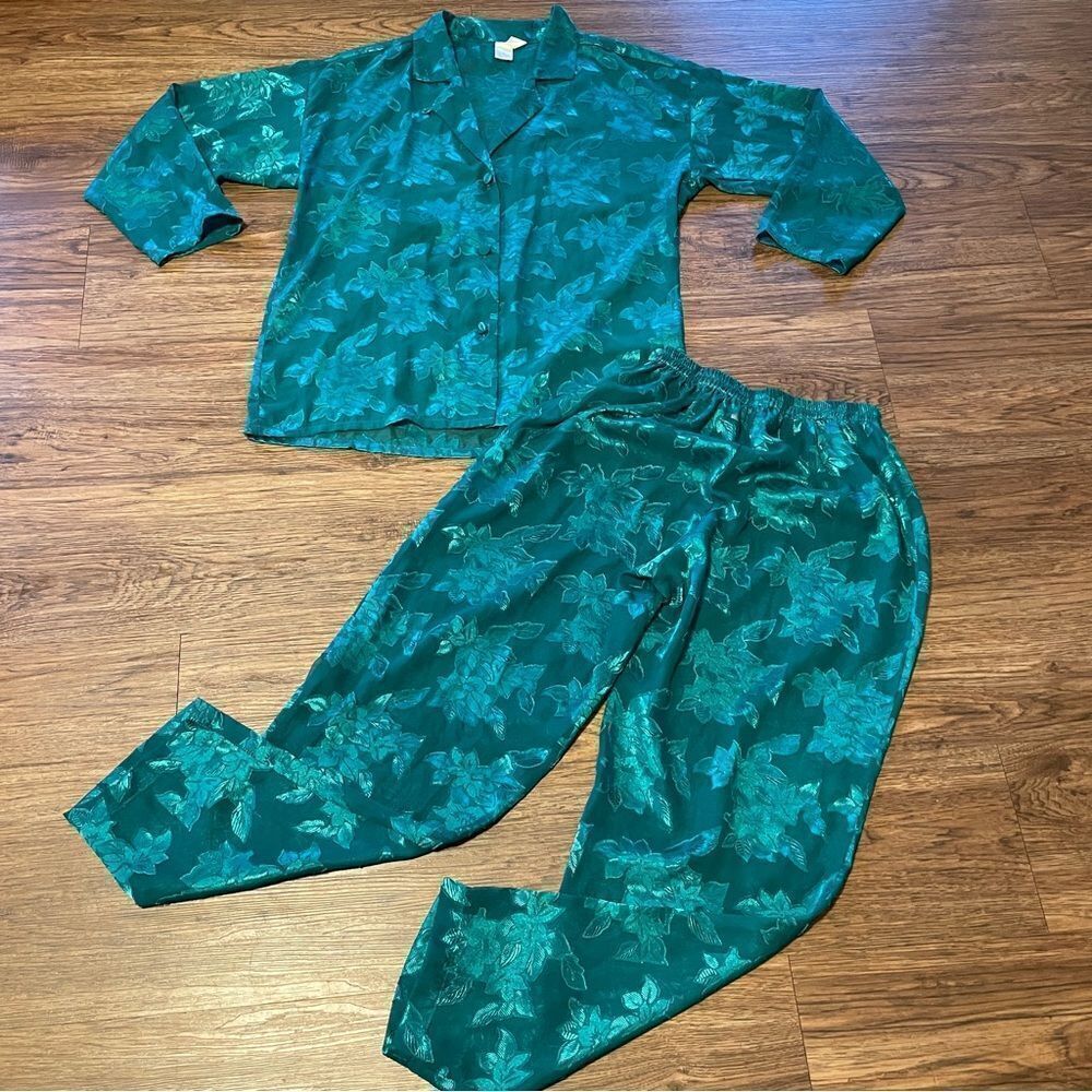 Vintage Victoria’s Secret Gold Label 80’s Sheer Floral Pajama Set Green XS
